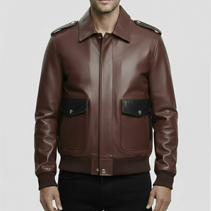 <b>Brown</b> with Turn-down Collar Mens Premium Soft <b>Leather</b> Winter <b>Jacket</b> Men 100% Polyester Vintage Bomber <b>Jacket</b> - Product Image 1