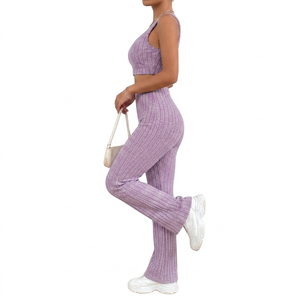 Custom Logo Ribbed <b>Knit</b> Women's <b>Sets</b> 2 Piece Outfits High Waist Flare Pants and Crop Top Lounge Wear Slim Fit Tracksuits - Product Image 3