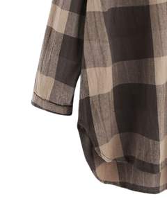 Robe chemise longue à carreaux gris beige pour femme, boutonnée, décontractée, style tunique ample en coton et lin doux - Product Image 5