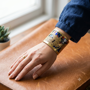 Women Gold Plated Ethnic Flower Pattern Acrylic Bangle Bracelet <b>Vintage</b> Bohemian Brass Cuff Stackable Wide Multicolor Jewelry - Product Image 2