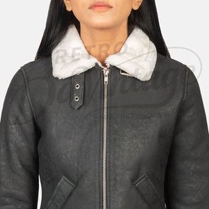 Veste en cuir véritable noir vieilli pour femme avec garniture en fausse fourrure blanche, coupe ajustée, en peau de mouton de qualité supérieure, style motard décontracté pour l'hiver - Product Image 6