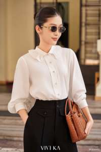 Chemise à manches longues pour femme, col à volants blanc, IVY Vietnam, décontractée, polyester/coton, coupe ample, manches classiques, popeline - Product Image 3