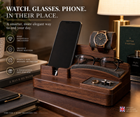 Support de charge 3-en-1 multifonctionnel en bambou sculpté, écologique, moderne et luxueux, pour téléphone, montre et écouteurs, avec câble dissimulé