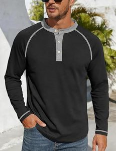 Men's O-Neck Long Sleeve <b>Henley</b> Shirt Contrast Trim Solid Color Casual Knitted 100% Cotton Regular Fit Eco-Friendly Breathable - Product Image 2