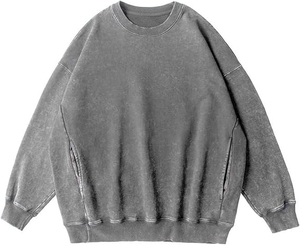 Sweat-shirt à col rond surdimensionné pour homme, à manches raglan, effet délavé, avec poche, gris, décontracté - Product Image 1