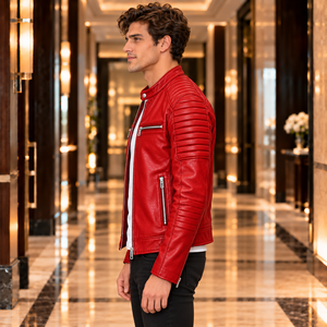 <b>Genuine</b> Red <b>Leather</b> <b>Jacket</b> for <b>Men</b> Premium Motorcycle Coat <b>Leather</b> Texture Lapel Design Metal Hardware Quilted Sleeve Style - Product Image 4