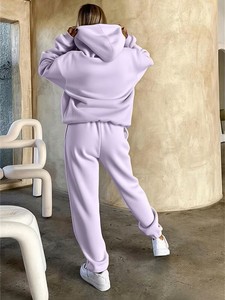 Ensemble de survêtement unisexe en polaire violet décontracté pour l'hiver, motif floral, sweat à capuche zippé intégral et pantalon de jogging, séchage rapide, style urbain - Product Image 3