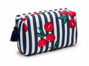 Bolsa de Cosméticos de Algodón con Estampado de Cerezas a Rayas, Tamaño Mediano, Cierre de Cremallera, Bolsa de Viaje Portátil, Estilo Bohemio - Product Image 1