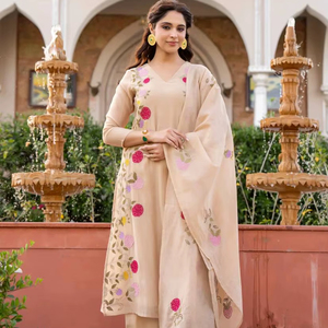 Women Chanderi <b>Top</b> Bottom And Dupatta Set Embroidered <b>Top</b> With Micro Inner Fabric Matching Chanderi Trouser Ethnic Party Wear - Product Image 1