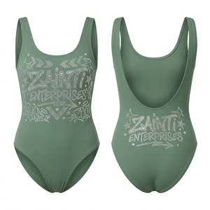 Maillot de bain une pièce pour femme en nylon et élasthanne côtelé premium 240 GSM, vert sauge, avec strass et logo personnalisé par transfert thermique, extensible - Product Image 1