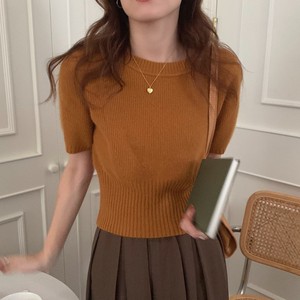 Suéter Casual de Primavera para Mujer, Cuello Redondo, Manga Corta, Tejido de Punto Jersey, Color Sólido, Corte Ajustado, 100% Algodón, Transpirable, Anti-Pilling - Product Image 1