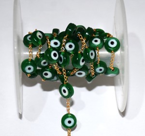<b>Top</b> Quality 8mm Green Eye Beads Rosary <b>Chain</b> Gold Plated Wire Wrapped Handmade Beaded <b>Chain</b> Jewelry Making Supplies - Product Image 1