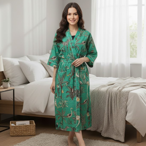 Bata de Baño de Algodón con Estampado de Selva, Larga, Cuello en V, Tipo Kimono, con Cintura Ajustable, Mangas Largas, Bata Tropical para Mujer - Product Image 2