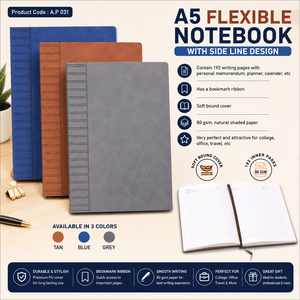 A5 Flexible <b>Notebook</b> Soft Bound Journal PU Cover Side <b>Line</b> Design 192 Pages 80 Gsm Shaded Paper for Office College Travel - Product Image 1