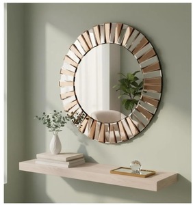 Modern Round Designer Mirror With Gold <b>Frame</b> Perfect For Statement Wall Decor And Home Enhancement Handcrafted From India - Product Image 2