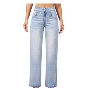Pantalones Vaqueros Casuales para Mujer, Lavado Claro, Corte Holgado, Pierna Ancha, Cintura Alta - Product Image 1