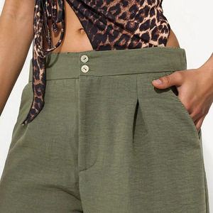 Pantalon plissé décontracté pour femme, taille haute, jambe large, longueur cheville, vert olive uni, en coton, coupe ample, braguette boutonnée, style été - Product Image 4