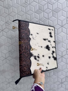 Trending Designer Hand Tooled Leather Business Planner Portfolio <b>Document</b> <b>Folder</b> Hair on Hide Hardcover Gift For Men Women - Product Image 2