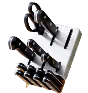 Couteaux de cuisine à manche riveté noir avec lames argentées, bloc marron clair, dessus à fentes argentées et ciseaux pour la préparation des aliments - Product Image 6