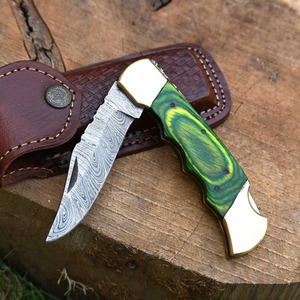 Navaja de Combate Plegable |   Mango de madera |   Hoja de acero de Damasco |   Borde Recto |   Grado Industrial |   Navaja de Bolsillo OEM - Product Image 1