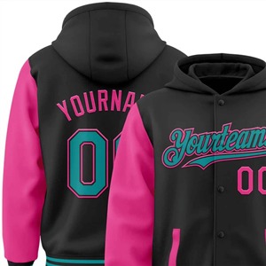 Chaqueta Varsity Personalizada con Capucha, Negra, Rosa y Verde Azulado, Unisex, Corte Regular, Cierre de Botones, Estampado de Letras, para Otoño - Product Image 2