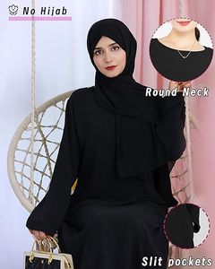 Abaya noire unie pour femme, manches longues, col montant, longueur ras du sol, robe modeste style Moyen-Orient, en polyester, coupe ample, pour usage quotidien - Product Image 6