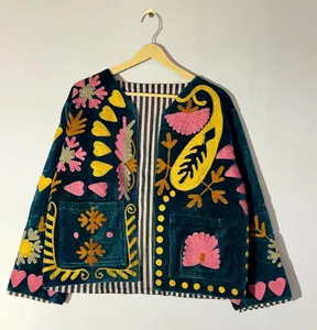 Chaqueta Bomber de Terciopelo Suzani, Transpirable, con Diseño Floral Bordado, Unisex, para Invierno/Primavera/Verano/Otoño - Product Image 1