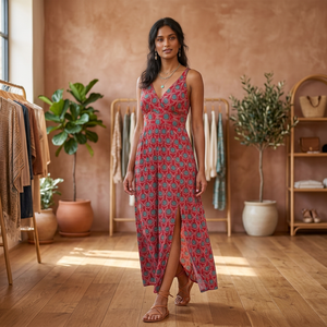 Vestido maxi bohemio sin mangas con cuello en V y abertura alta, estampado geométrico, de rayón tejido, corte A, cintura imperio, para uso diario de verano. - Product Image 4