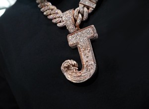 Mens 925 <b>Silver</b> Moissanite Letter J Pendant Rose Gold Ocean Wave <b>Initial</b> Charm Iced Out Custom <b>Necklace</b> Jewelry - Product Image 3