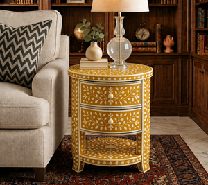 Trendy Floral Resin Bone Inlay Nightstand With Drawers & Shelf Cabinet <b>Bedside</b> End <b>Table</b> For Bedroom Hotel Premium Home Decor - Product Image 2