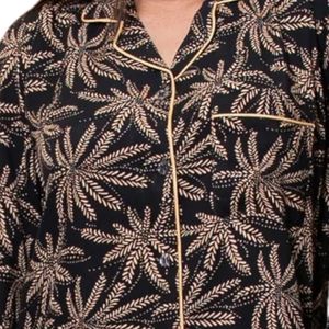 <b>Women</b> <b>Black</b> Brown Tropical Leaf Print Satin Pajama Set Long Sleeve Button Up Shirt Matching <b>Pants</b> Stylish Sleepwear Manufacturer - Product Image 5