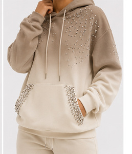 Sudadera con Capucha para Mujer, Beige, con Lentejuelas, Tejida en Algodón, Manga Regular, Estilo Casual Otoñal, con Bolsillo Decorativo - Product Image 6