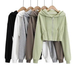 เสื้อฮู้ดครอปผู้หญิง สีพื้น ซิปหน้า สไตล์ลำลอง แขนยาว ผ้าฝ้ายผสม เหมาะสำหรับใส่ในฤดูหนาว - Product Image 1