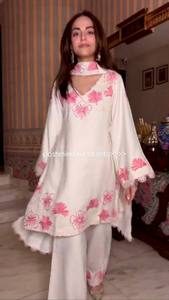 Elegant White Silk Salwar Kameez With Blue Dupatta Embroidered Ankle-Length Women's <b>Wedding</b> Wear India Pakistan Regular Fit - Product Image 3