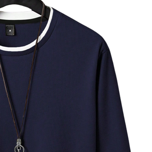 Camiseta de Manga Larga para Hombre, Tejido Waffle, Azul Marino, Cuello Redondo, Estilo Casual, Corte Holgado, Uso Diario, 100% Algodón - Product Image 4
