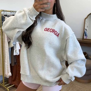 Georgia Private Label <b>Mock</b> <b>Neck</b> Sweatshirt Women Custom Plaid Letter Embroidery Cotton Blend Pullover Wholesale - Product Image 3