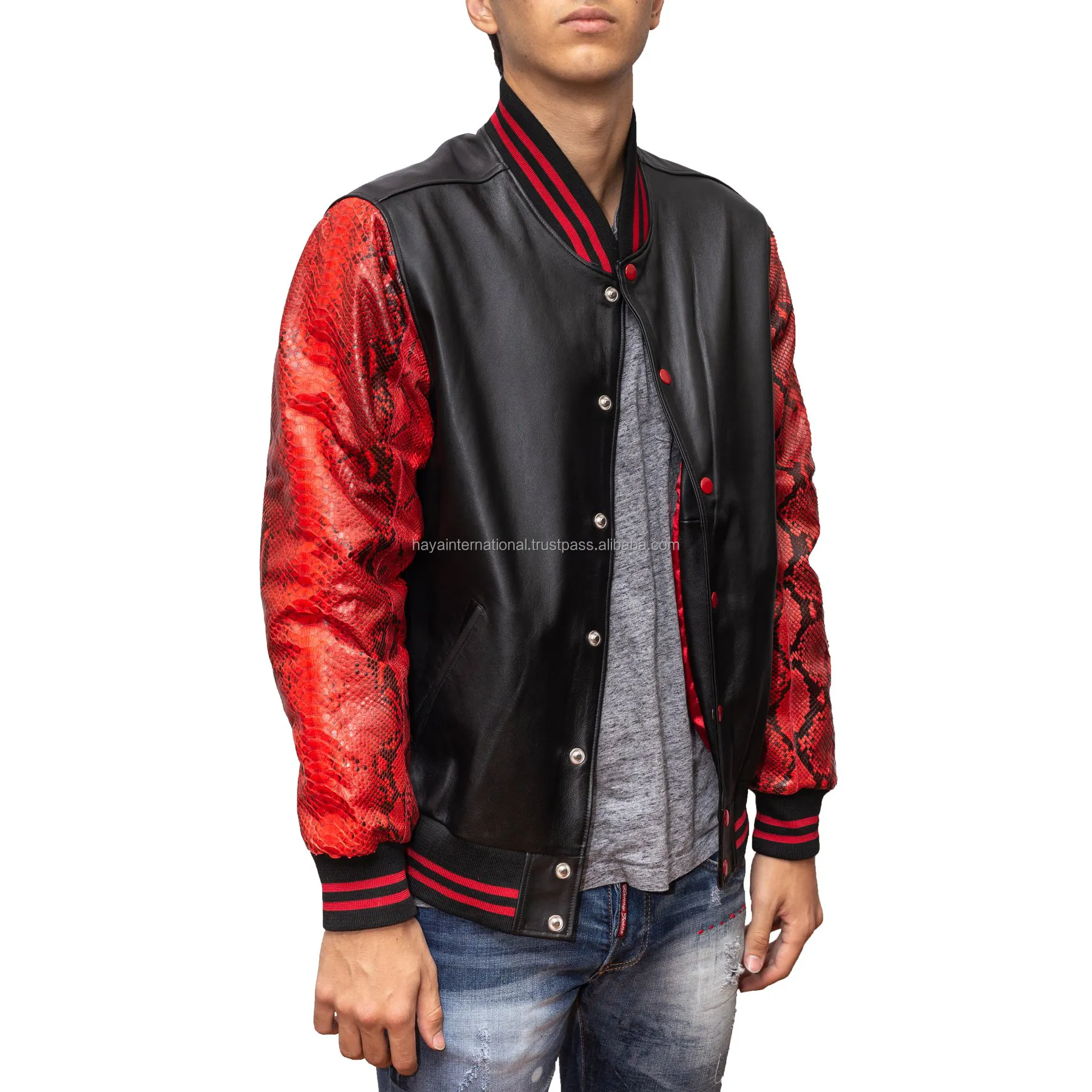 Faux Leather Snake Texture Printed Sleeves HIVJ175 Beautiful Varsity Jacket