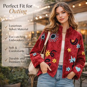 Veste bomber en velours rouge brodée à la main pour femmes, manches longues, col montant, manteau d'hiver avec poches - Product Image 3