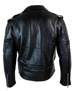 <b>Men's</b> Black Genuine <b>Leather</b> Motorcycle <b>Jacket</b> Turn-down Collar Zipper Closure Regular Sleeve Solid Color Autumn Style - Product Image 4