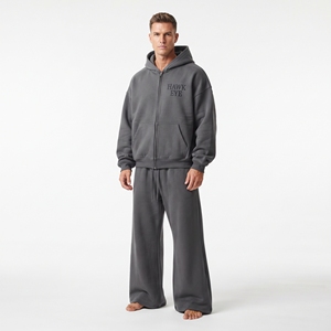 Ensemble de survêtement décontracté gris tendance avec sweat à capuche zippé coupe décontractée et épaules tombantes, et pantalon de jogging ample en molleton de coton à jambes larges - Product Image 1