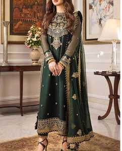 Robe de soirée 3 pièces en mousseline brodée de couleur verte pour femmes, de qualité supérieure, personnalisable, à prix réduit et faible quantité minimum de commande. - Product Image 1