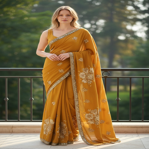Colecciones Shubham, Elegancia Atemporal, Última Moda en Saris Indios, Tela de Chifón con Patrón Floral, Bordado Intrincado con Lentejuelas - Product Image 1