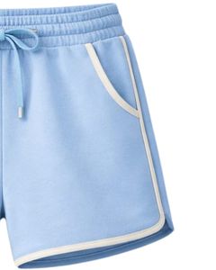 Light Blue Women Shorts Elastic Waist <b>Drawstring</b> Casual Gym Shorts Contrast Trim Summer Lounge Shorts Soft Comfortable Wear - Product Image 4
