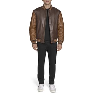 Men's Brown PU Leather Bomber <b>Jacket</b> With Button Closure Regular Fit Casual Style Turn-down Collar Autumn Wear - Product Image 2