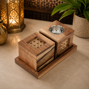 Ensemble brûleur à bakhoor moderne en rotin et bois avec coupelle métallique, boîte de rangement carrée pour oud et plateau, Mabkhara arabe pour la décoration du Ramadan et de l'Aïd - Product Image 2