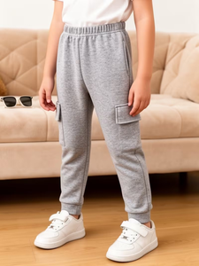 Boys' 3pcs Casual Solid Regular Drawstring Pocket Knitted Plus Size Eco-Friendly Windproof Cargo Pants Outing Long Trousers - Product Image 3