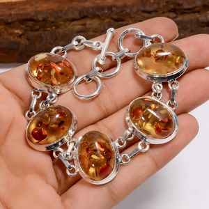 Bracelet en argent sterling 925 style vintage avec pierre précieuse ovale en ambre de la Baltique, bijoux bohèmes, cadeau pour femme - Product Image 1