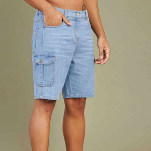 Shorts cargo en coton bleu clair pour homme, taille haute, fermeture boutonnée, décontractés, style bermuda, poches, tissu tricoté respirant, denim - Product Image 3