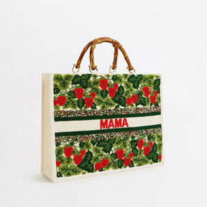 Mama <b>Canvas</b> Summer Tote <b>Bag</b> with Strawberry Pattern Bamboo Handle Open Closure <b>Large</b> Capacity Fashion Women's Shopping <b>Bag</b> - Product Image 4