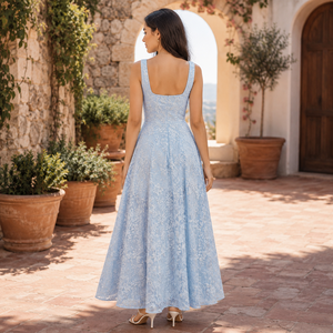 Elegante Vestido Maxi Jacquard Floral Azul Cielo para Mujer |   Vestido largo premium sin mangas con cuello cuadrado y corte en A para fiesta, boda o verano. - Product Image 3